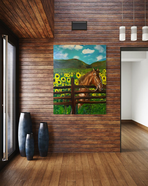 Painting of a horse in a field of sunflowers hanging on a dark wooden wall