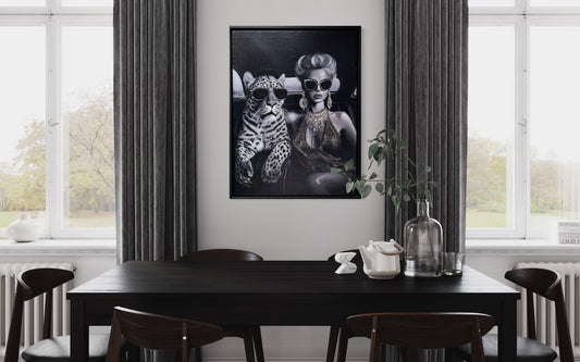 Painting of a woman and a leopard wearing sunglasses in a car