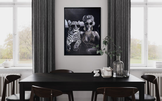 Painting of a woman and a leopard wearing sunglasses in a car