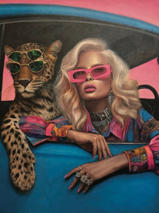 Painting of a woman and a leopard wearing sunglasses in a blue car
