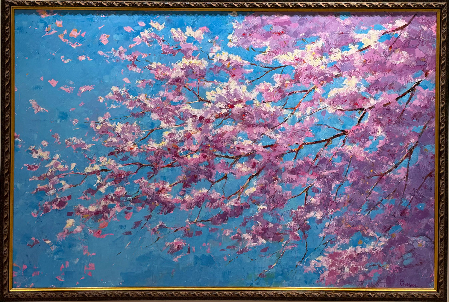Original "Cherry Blossoms" 40x60 Oil Painting - by Roman -framed