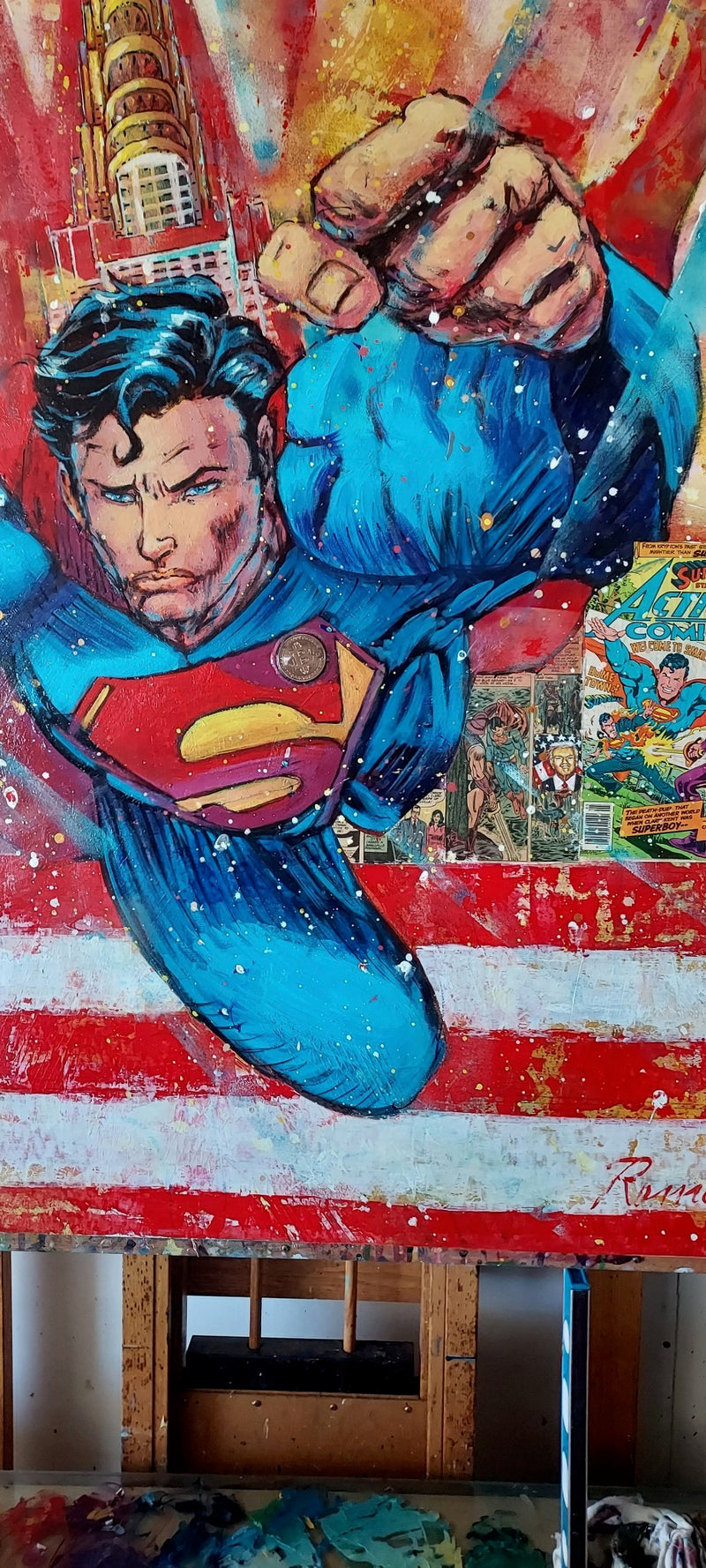 "Superman BTC" 36x48 Original & Limited Edition Mixed Media Painting by Roman