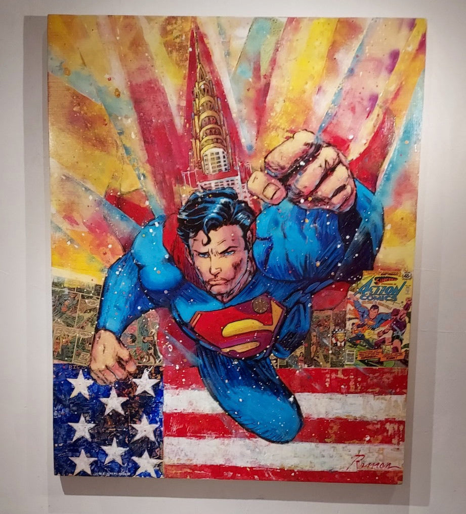 "Superman BTC" 36x48 Original & Limited Edition Mixed Media Painting by Roman