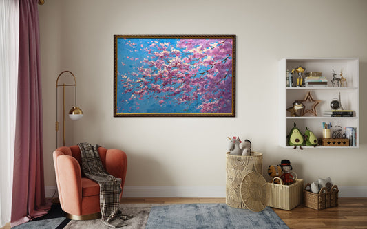 Original "Cherry Blossoms" 40x60 Oil Painting - by Roman -framed