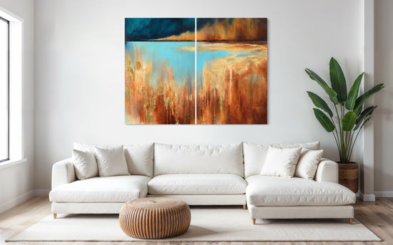 A piece of art hanging on a white wall in a living room