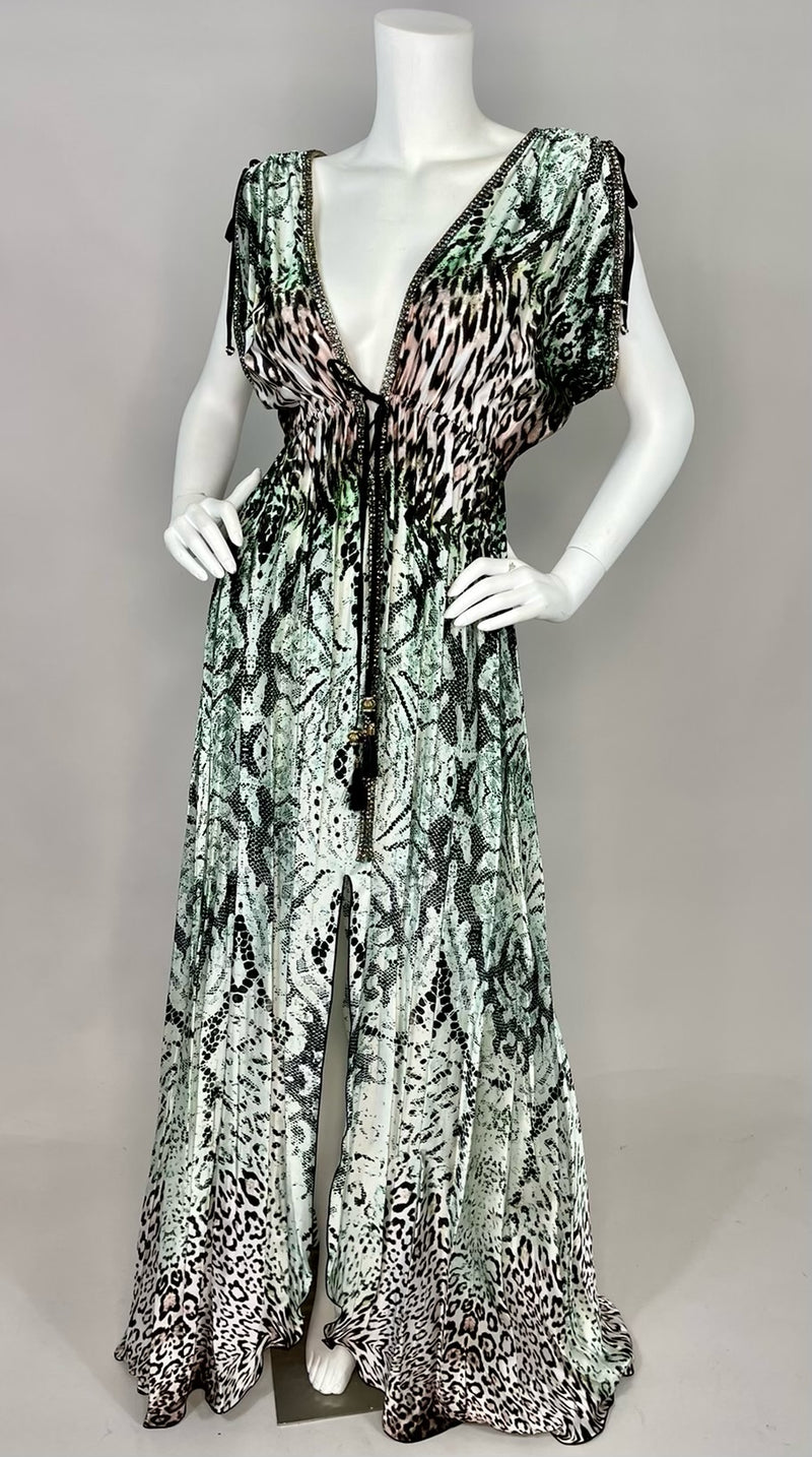 Kasia Pink/sage Cheeta Long Dress - Handmade Silk with Swarovski Crystals