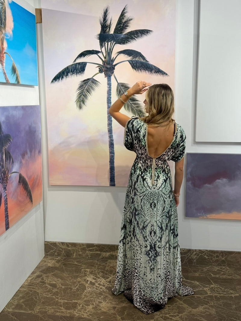 Kasia Pink/sage Cheeta Long Dress - Handmade Silk with Swarovski Crystals
