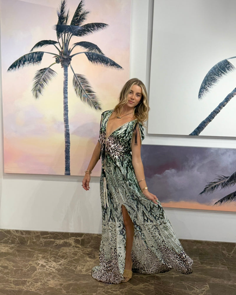 Kasia Pink/sage Cheeta Long Dress - Handmade Silk with Swarovski Crystals